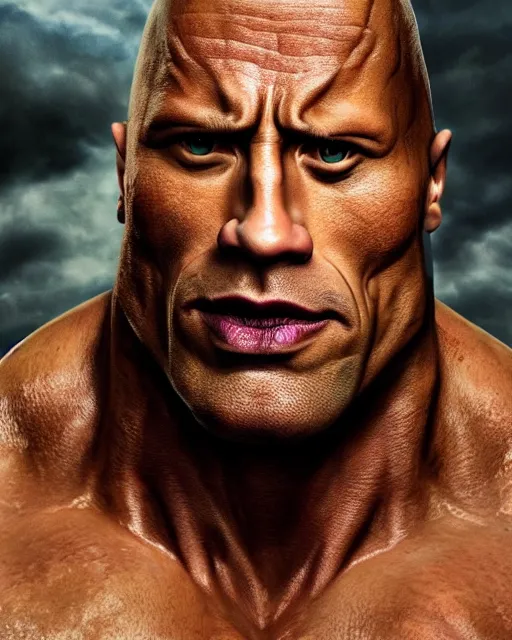 Image similar to an epic dramatic portrait of dwayne johnson as the superhero the maxx from mtv liquid television, very low angle, detailed face, epic art, trending on artstation, deviantart, high detail, high definiton, ultra realistic, hyper realistic, photo realistic, 4 k uhd