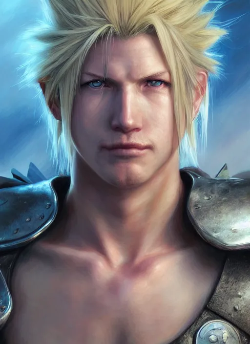 Prompt: a face portrait of cloud from final fantasy 7, style by donato giancola, wayne reynolds, jeff easley dramatic light, high detail, cinematic lighting, artstation, dungeons and dragons