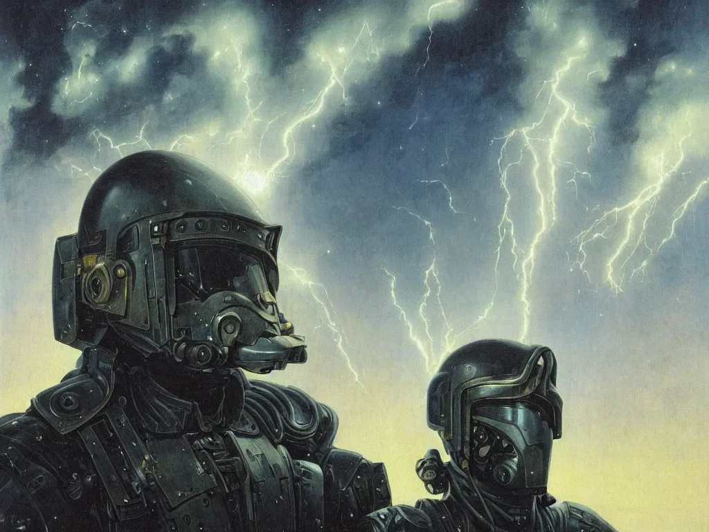 Image similar to a detailed close up portrait painting of a bounty hunter in combat armour and visor. cinematic sci-fi poster. Flight suit, accurate anatomy. portrait symmetrical and science fiction theme with lightning, aurora. lighting. clouds and stars. Futurism by beksinski carl spitzweg moebius and tuomas korpi. baroque elements. baroque element. intricate artwork by caravaggio. Oil painting. Trending on artstation. 8k