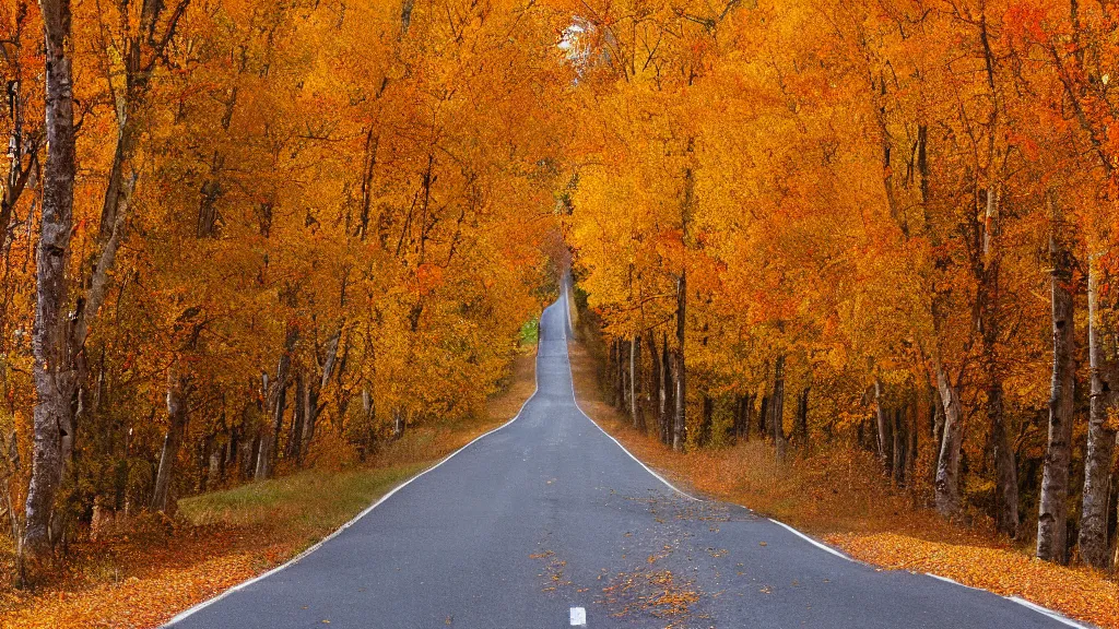 Image similar to a photograph of a country road lined on both sides by maple and poplar trees, in the autumn, red orange and yellow leaves, some leaves have fallen and are under the trees and on the road