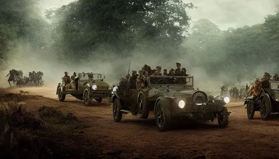 Image similar to british army driving a car in 1921 in kerala forest road, tribe members attacking, action scene, an epic fantasy, dramatic lighting, cinematic, establishing shot, extremely high detail, photorealistic, cinematic lighting, artstation, matte painting by christopher nolan, horizon forbidden west