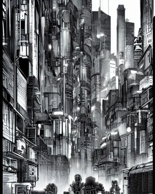 Image similar to manga illustration of poor cyberpunk city, rainy weather, highly detailed,