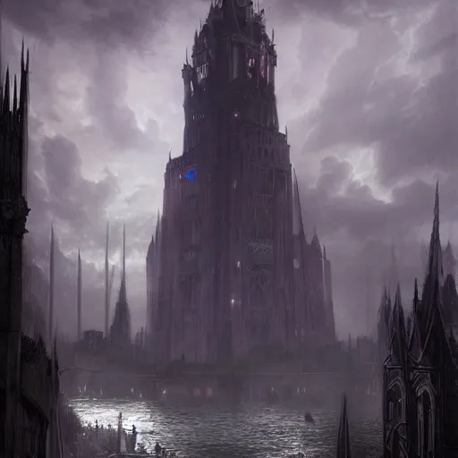 Image similar to an ultra detailed matte painting of a lonely and impossibly tall ominous gothic dark citadel tower of the evil patriarch, in the style of magic the gathering, in a river elevated high above the city, gaslight fantasy capital city, ultrawide lense, aerial photography, scary thunderstorm, exquisite detail, 8 k, art by greg rutkowski and alphonse mucha