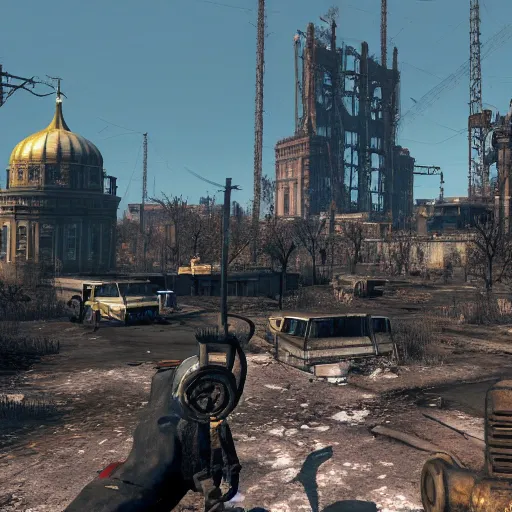 Prompt: Moscow in ruins post-nuclear war in Fallout 4, in game screenshot