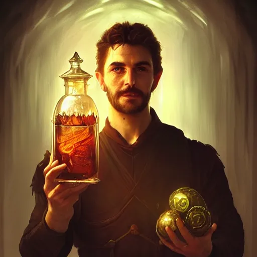 Image similar to man holding he's soul in a jar portrait, backlight, rim lighting, deep focus, d & d, fantasy, intricate, elegant, highly detailed, digital painting, artstation, concept art, matte, centered, sharp focus, illustration, hearthstone, art by artgerm, greg rutkowski and alphonse mucha