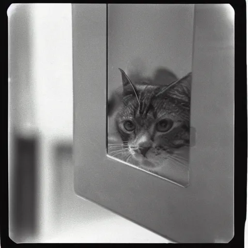 Image similar to wide-shot very low-angle eyesight photo of a mirror door with a reflection of a cat at the street in New York, polaroid photo, by Andy Warhol, signed