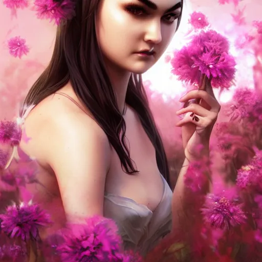 Prompt: sasha grey expressive full body photo, of beautiful angel, smooth glowing skin, ornate headpiece made from pink flowers, glamour shot, by yoshitaka amano, by greg rutkowski, by jeremyg lipkinng, by artgerm, digital art, octane render