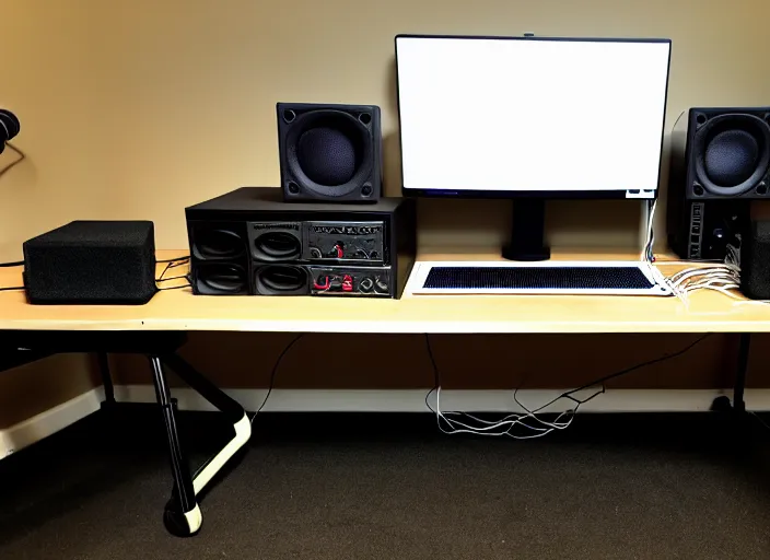 Image similar to moderator stance, sound filter, 6 monitors, pedals, drums, a gaming guitar, controller, 6 consoles, 1 0 computers, bunch of wires, soundpads, speakers, antena, satellite, dog, dog cam, cat cam, cat tree cat this