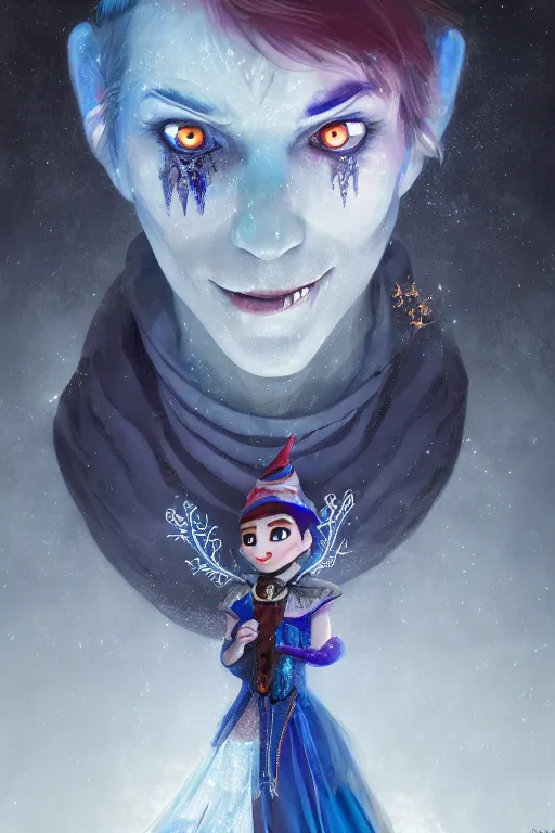 Image similar to frozen jester clown mage wizard, eyes glowing blue, heavenly stars in the background, is at dawn and bluish, fantasy, intricate, elegant, digital painting, highly detailed, artstation, sharp focus, illustration, concept art, ruan jia, steve mccurry