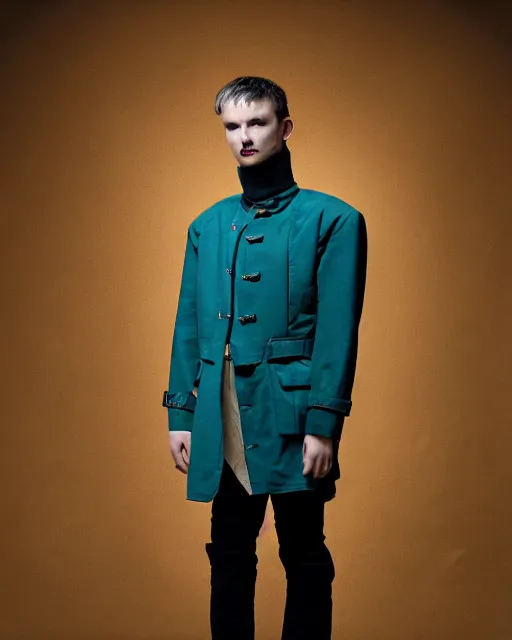 Prompt: an award - winning photo of an ancient male model wearing a plain cropped baggy teal distressed medieval designer menswear military jacket designed by alexander mcqueen, 4 k, studio lighting, wide angle lens, 2 0 0 4