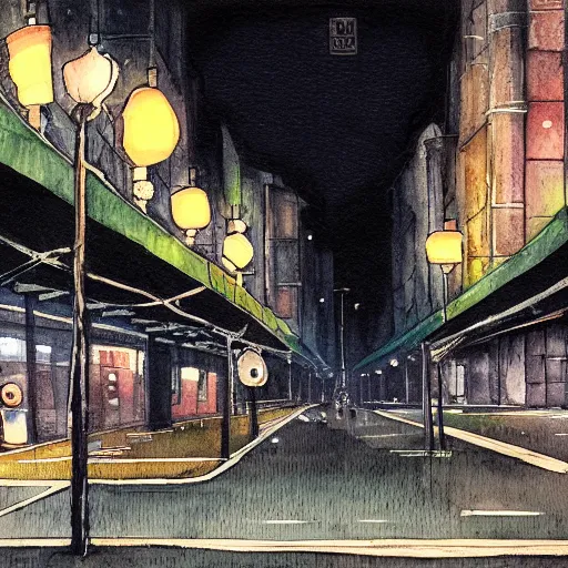 Image similar to dark city bus stop, ghibli style in wet on wet watercolor, very detailed,ArtStation