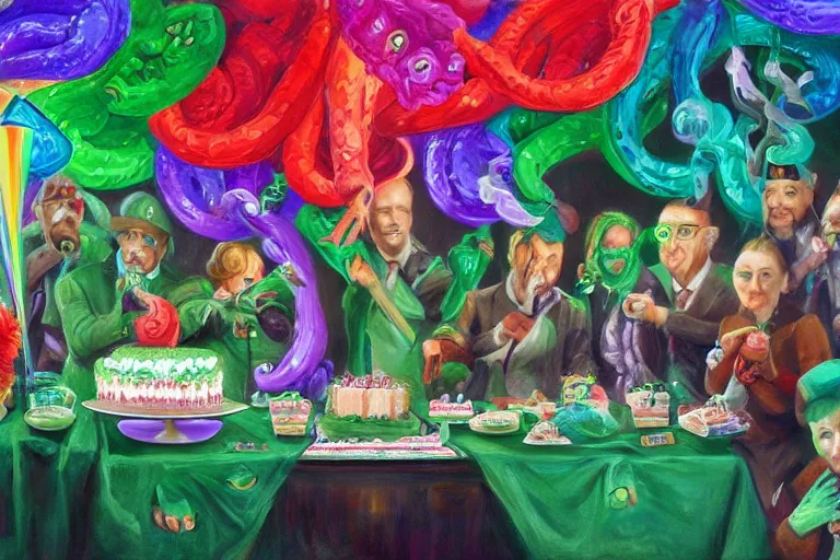 Prompt: cthulhu\'s birthday party with streamers and cake, 4k, oil painting, trending on artstation