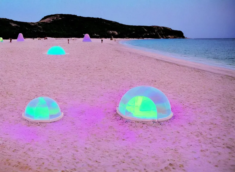 Image similar to a pastel coloured vintage family holiday photo of an empty beach from an alien dreamstate world with chalky pink iridescent!! sand, reflective lavender ocean water, dim bioluminescent plant life and an igloo shaped shiny plastic transparent festival stage and translucent festival box speakers!!. glare. refraction, volumetric light.