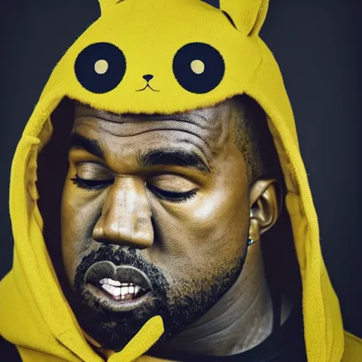 Image similar to Kanye West in a yellow pikachu! hoody, Studio Photograph, portrait C 12.0