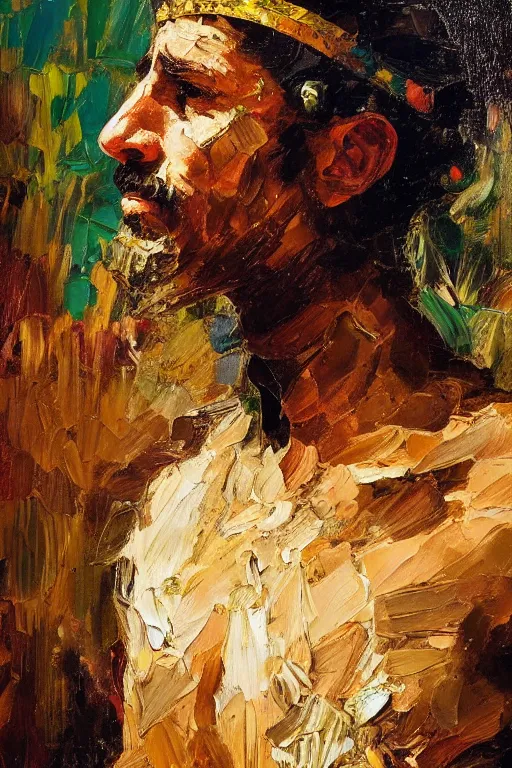 Image similar to highly detailed palette knife oil painting of a historically accurate depiction of the ancient biblical egytian prince Joseph, thoughtful, by Peter Lindbergh, impressionistic brush strokes, painterly brushwork