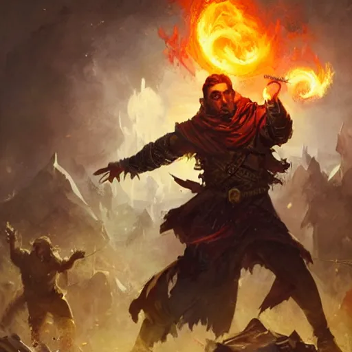 Image similar to beautiful painting of a male halfing bard, casting fireball and killing a whole village, painted by greg rutkowski