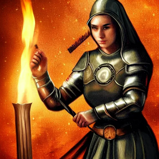 Prompt: A celtic-looking valkyrie nun wearing lightweight armor and wielding a splinter sword, at night, with a flame arrow rain on the background, award-winning digital art