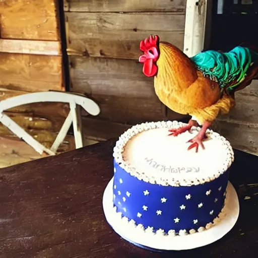 Prompt: there is a birthday cake in a barnyard. the cake has exactly 3 candles. there is 1 rooster to the left of the cake. there is 1 newly hatched light colored downy baby chick to the right of the cake. Nobody else is near.