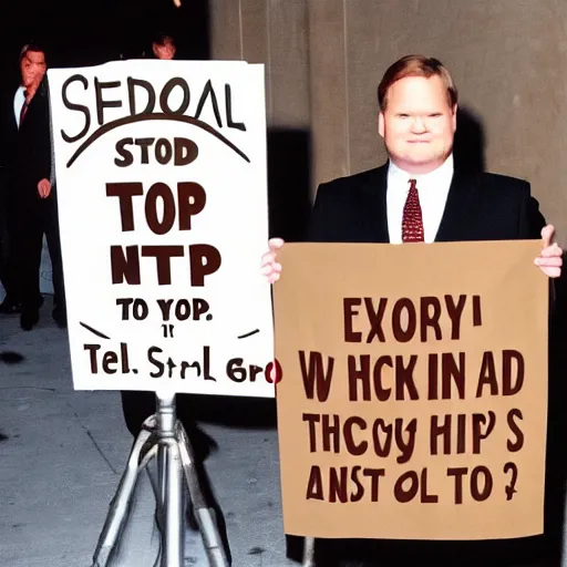 Image similar to Andy Richter is wearing a chocolate brown suit and necktie, holding a sign that reads Stop making these images of me of I WILL tell Conan!! Andy has a stern look on his face