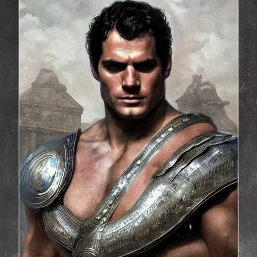 Image similar to henry cavill as a roman gladiator, upper body, muscular, fantasy, intricate, elegant, highly detailed, digital painting, artstation, concept art, smooth, sharp focus, illustration, art by artgerm and greg rutkowski and alphonse mucha