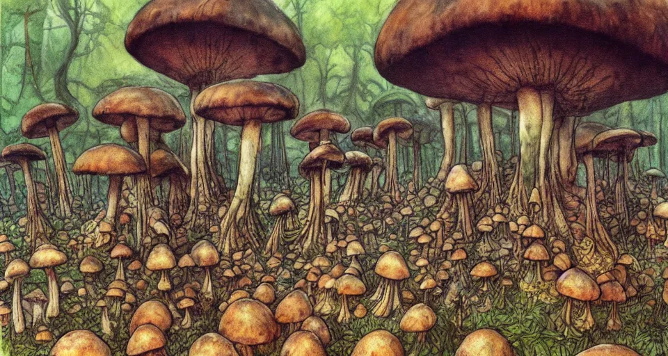 Prompt: A tribal village in a forest of giant mushrooms, by Brian Froud