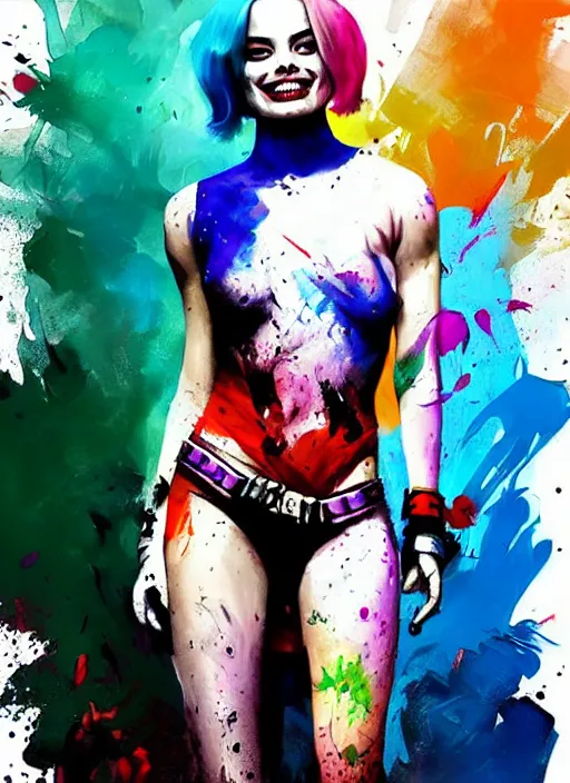 Prompt: beautiful suicide squad smiling margot robbie that looms like harley quinn abstract portrait, paint splatters, style by simon bisley, ismail inceoglu, wadim kashin, filip hodas, benedick bana, and andrew atroshenko.