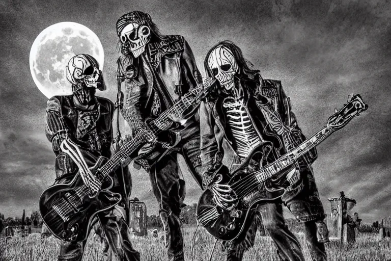 Prompt: skeleton rockers in leather jackets play guitars in the cemetery, rock concert, dark night, full moon, crows on the oak tree, highly detailed digital art, photorealistic