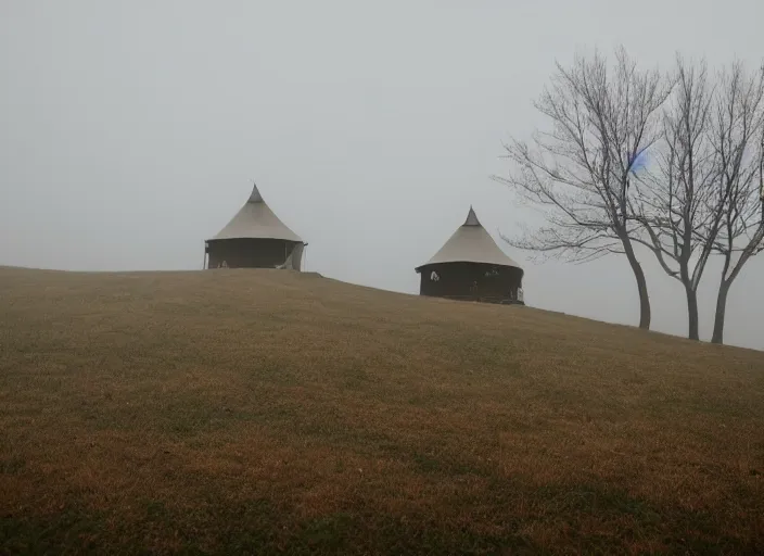 Image similar to a lone yurt on a hill overlooking the blue ridge mountains on a foggy morning