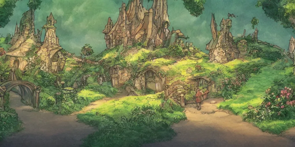 Image similar to a still of a background from howl's moving castle of hobbiton, studio ghibli, light bloom