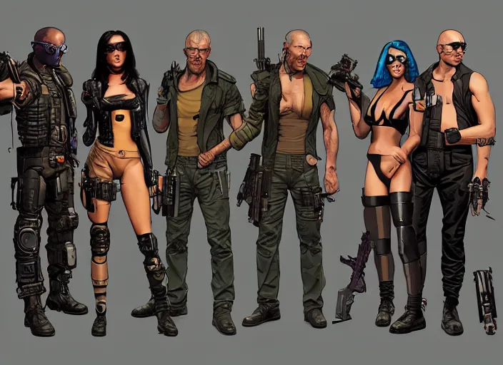 Image similar to cyberpunk mercenary team. portrait by stonehouse and mœbius and will eisner and gil elvgren and pixar. character design. realistic proportions. cyberpunk 2 0 7 7 character art, blade runner 2 0 4 9 concept art. cel shading. attractive face. thick lines. the team. diverse characters. artstationhq.