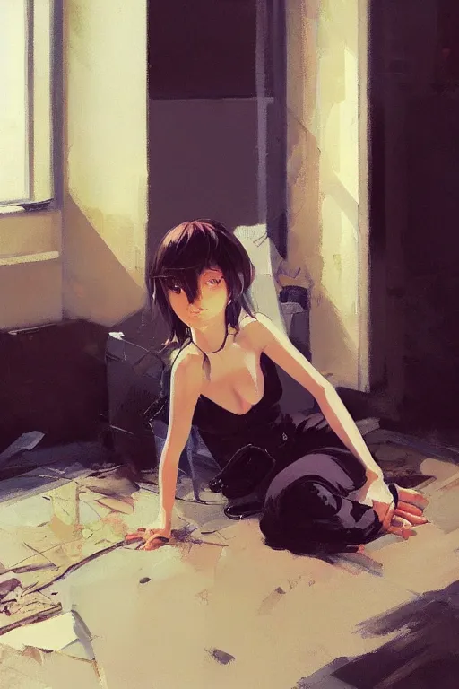 Image similar to A ultradetailed beautiful portrait panting of a stylish woman sitting on the ground of a messy apartment, Oil painting, by Ilya Kuvshinov, Greg Rutkowski and Makoto Shinkai