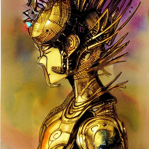 Prompt: a Royal portrait of gold android woman as illustrated by Yoshitaka Amano. 1991. Watercolor and Acrylic on Paper