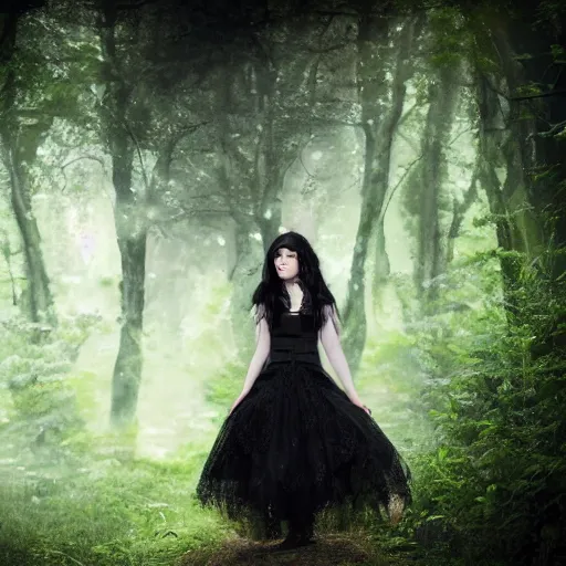 Image similar to photogenic gothic young woman with black hair in dark forest, 8 k, portrait