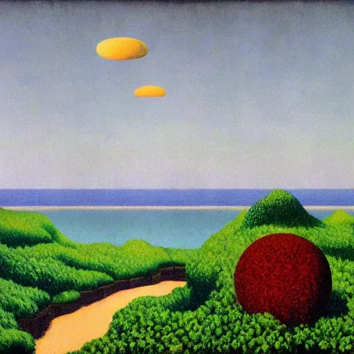 Image similar to painting of a lush natural scene on an alien planet by rene magritte. beautiful landscape. weird vegetation. cliffs and water.