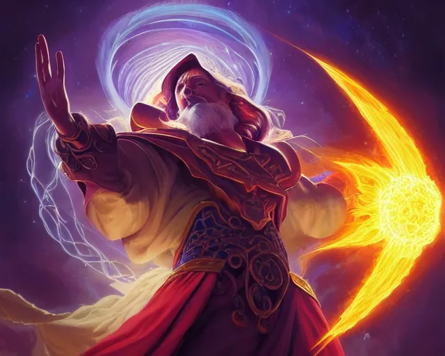 Image similar to extreme cosmic power, wizard casting the biggest greatest brightest destructive fireball in the world, deep focus, d & d, fantasy, intricate, elegant, highly detailed, digital painting, artstation, concept art, matte, sharp focus, illustration, hearthstone, art by artgerm and greg rutkowski and alphonse mucha