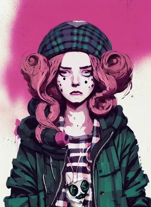 Image similar to highly detailed portrait of a sewer punk lady, tartan hoody, blonde ringlet hair by atey ghailan, by greg rutkowski, by greg tocchini, by james gilleard, by joe fenton, by kaethe butcher, gradient magenta, black, blonde cream and white color scheme, grunge aesthetic!!! ( ( graffiti tag wall background ) )