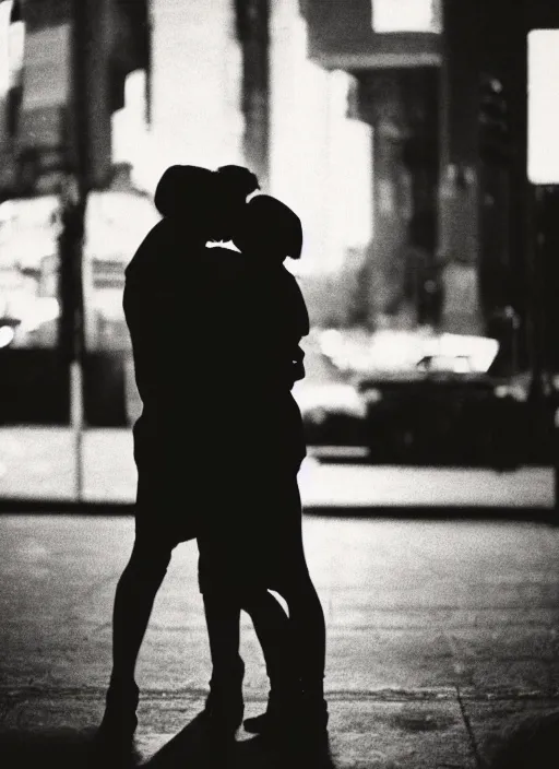 Prompt: a 2 8 mm macro photo of a couple embracing in the city in silhouette in the 1 9 7 0 s, bokeh, canon 5 0 mm, cinematic lighting, dramatic, film, photography, golden hour, depth of field, award - winning, 3 5 mm film grain, low angle