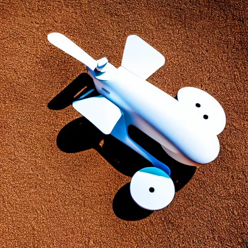 Prompt: sleek white industrial drone, with googly eyes, for monitoring the australian desert, XF IQ4, 150MP, 50mm, F1.4, ISO 200, 1/160s, dawn, golden ratio, rule of thirds