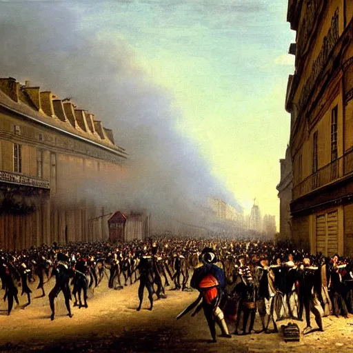 Image similar to Painting of a crowd during the french revolution one early morning in a street in Paris with gun smoke and mist over the crowds, eugène de lacroix, aesthetic, High quality, sharp focus,