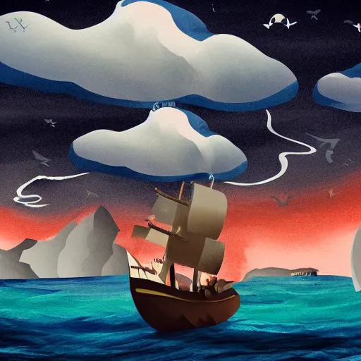 Image similar to a girl is pirate in a ship which is sailing in dark sea sky is dark blue and clouds and thunderstorms coming in far waves are big detailed picture