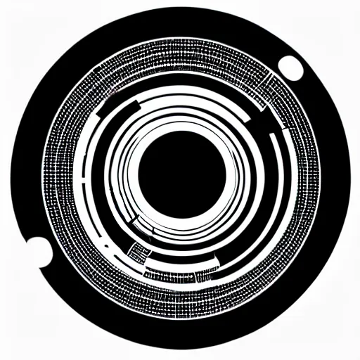 Image similar to a perfect circle, around the outer edge of the circle is the silhouette of a city skyline, inside the circle is empty, black and white, minimalist, in the style of a line drawing