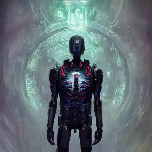 Prompt: A cyborg Slenderman as the ultimate tyrant emperor of the universe. Realistic sci-fi concept. Trending on ArtStation. A vibrant digital oil painting. A highly detailed fantasy character illustration by Wayne Reynolds and Charles Monet and Gustave Dore and Carl Critchlow and Bram Sels