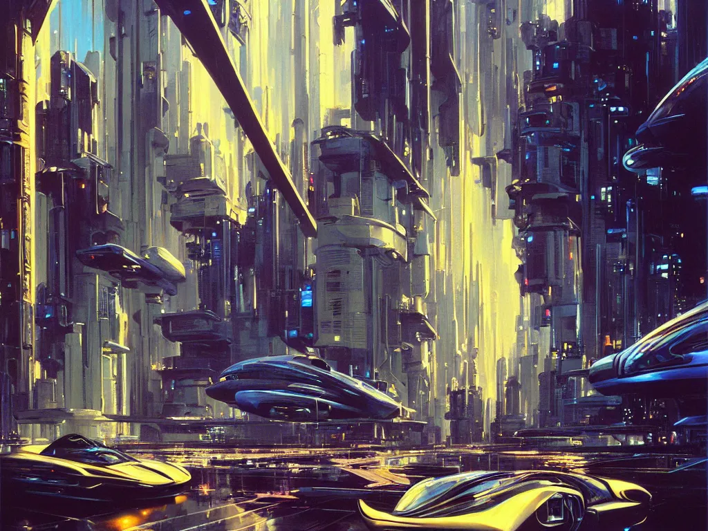 Prompt: hyperrealistic painting of a slice of life from a futuristic city, mechanical designs, futuristic vehicles, high - tech, night, elegant, meticulous engineering, cinematic, cyberpunk style, octane, highly detailed!, intricate, acrylic on canvas, 8 k resolution, concept art, by john berkey, moebius