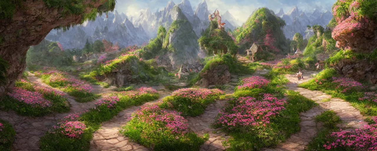 Image similar to path_that_leads_thru_the_valley_of_flowers_to_the_fairy_village_up_in_the_mountains__from_a_childrens_illustration_storybook__3d_concept_art_matte_painting_cgsociety