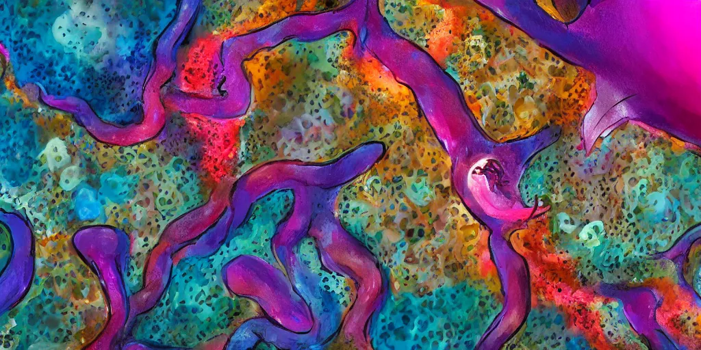 Prompt: of a colorful deep sea canyon with strange cute friendly creatures with huge eyes, mouth, long tongue and round teeth appearing from the coral floor, in the style of gehry and gaudi, macro lens, highly detailed, shallow depth of fielf, digital painting, trending artstation, concept art, illustration, cinematic lighting, vibrant colors, photorealism, epic, octane render