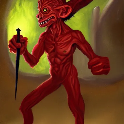 Prompt: painting of goblin with red eyes raging holding rusty sword