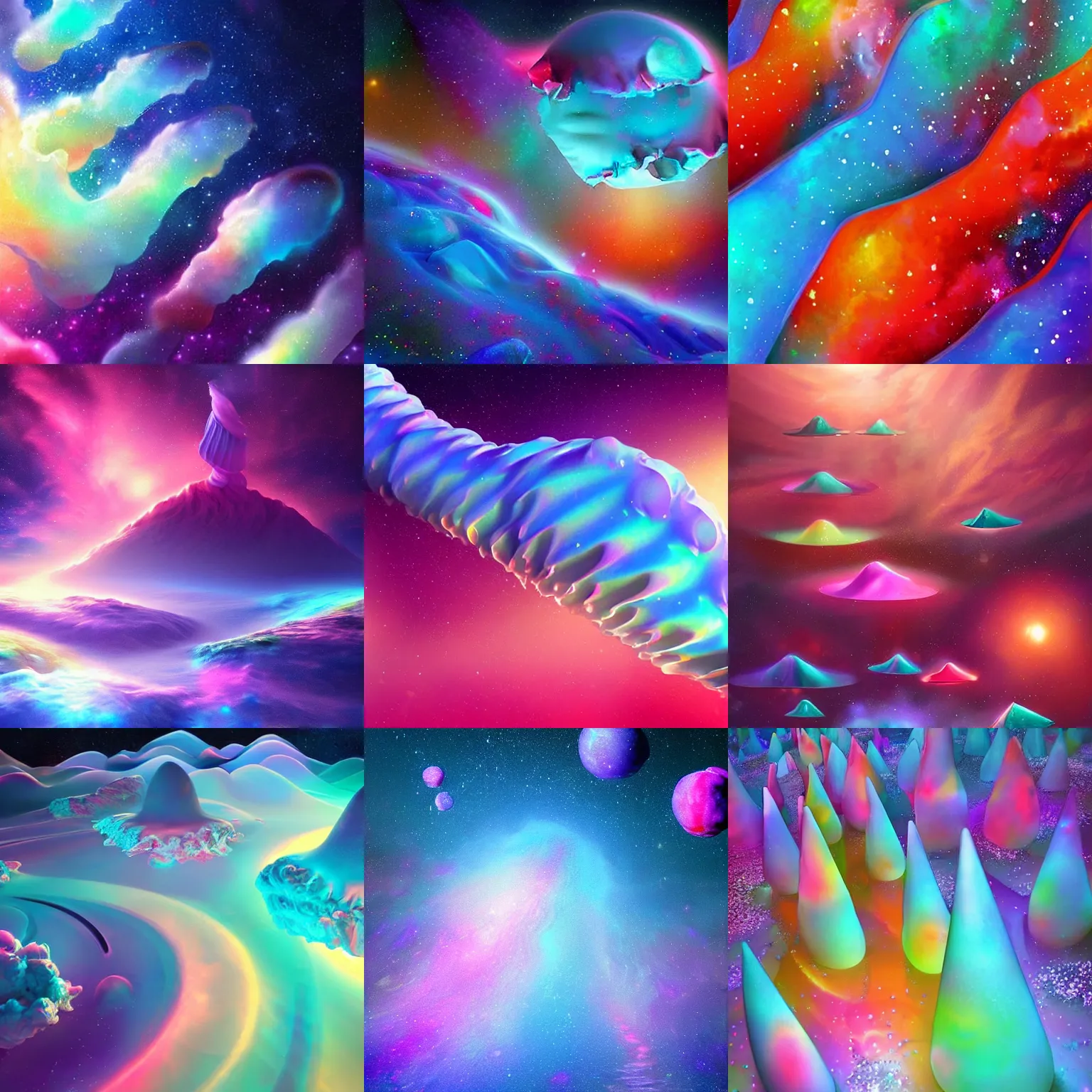 Prompt: beautiful cosmic ice cream cones, s beautiful dreamscape, digital art, concept art, detailed, lovely colors, art station 3 - d, 4 k beautiful
