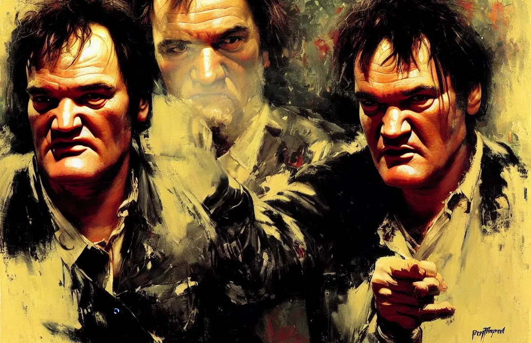 Image similar to portrait of quentin tarantino!!!!!!!!!!!!!!!!!!!!!!!!!!!, detailed face, detailed painting,, epic lighting, by ilya repin, phil hale and kent williams