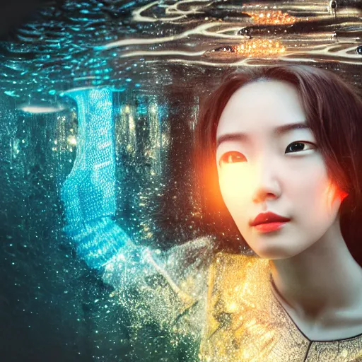 Prompt: beautiful centered Fine art photo of HoYeon Jung as a robot, half body in water, solarpunk mechanical parts with led lights, real human face, photorealistic, white background, highly detailed and intricate, sunset lighting, HDR 8k