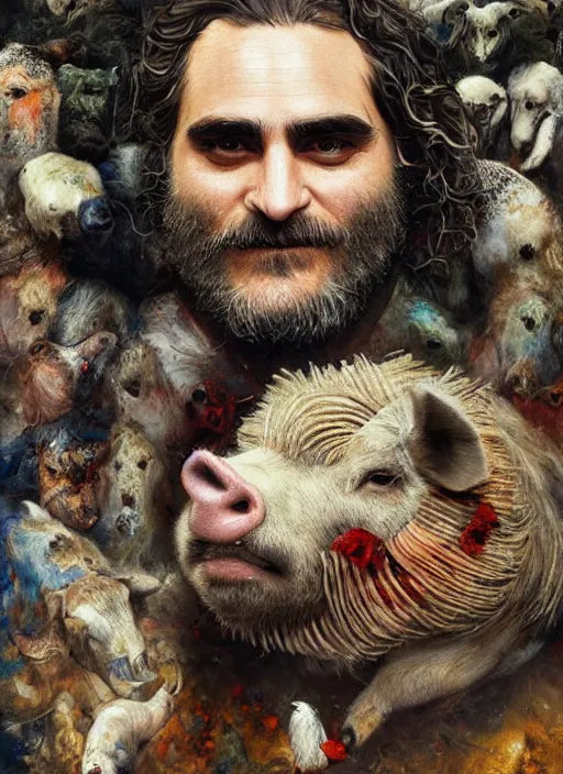 Image similar to a hyper detailed painting of joaquin phoenix surrounded by animals, cow horns, pig nose, sheep wool, chicken feather armor, horror, by anna podedworna, by miklos ligeti, by diego maricato, by taran fiddler, by antonino truisi, by chris reddie, by jinsung lim, trending on artstation